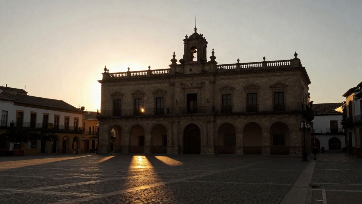 Imagen ilustrativa: silueta de un edificio consistorial histórico al atardecer con sombras largas en la plaza