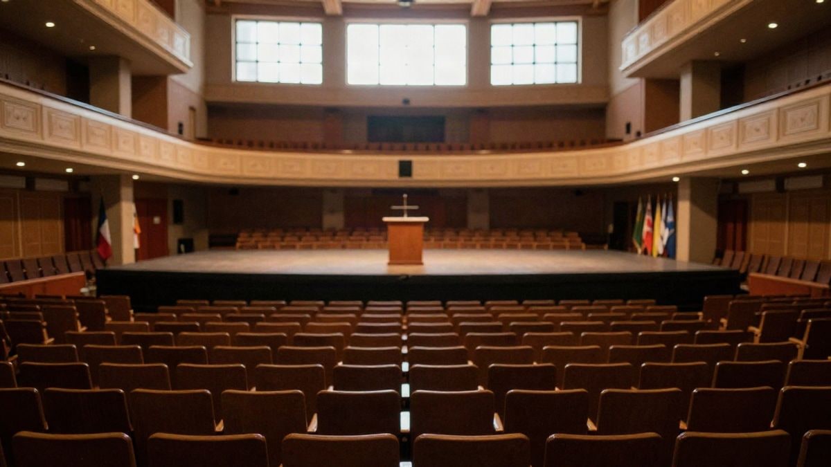 Imagen ilustrativa: un escenario vacío de auditorio con butacas y atril bajo luz natural