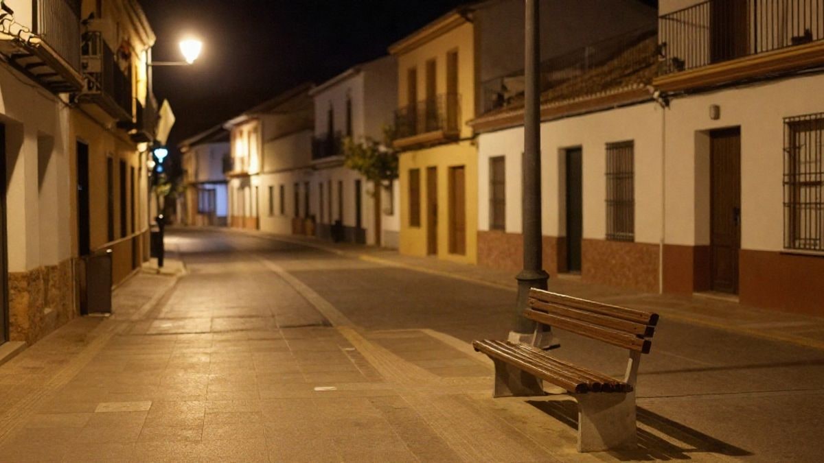 Imagen ilustrativa: una calle tranquila de un pueblo andaluz iluminada por farolas al anochecer