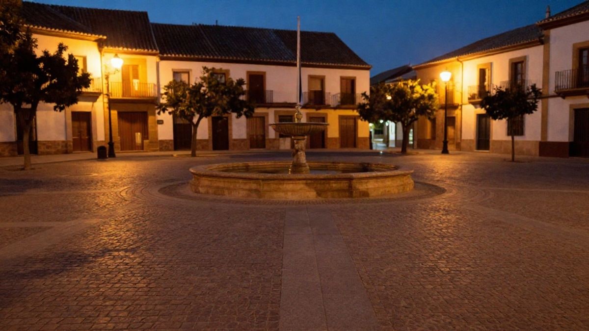 Imagen ilustrativa: plaza de un pueblo español al atardecer, con fuente central y farolas encendidas, sin personas