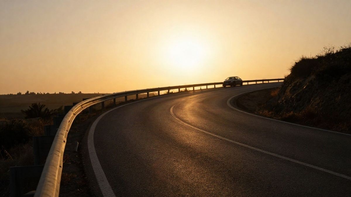 Imagen ilustrativa: una carretera rural al atardecer con sombras largas y la silueta de un vehículo al fondo
