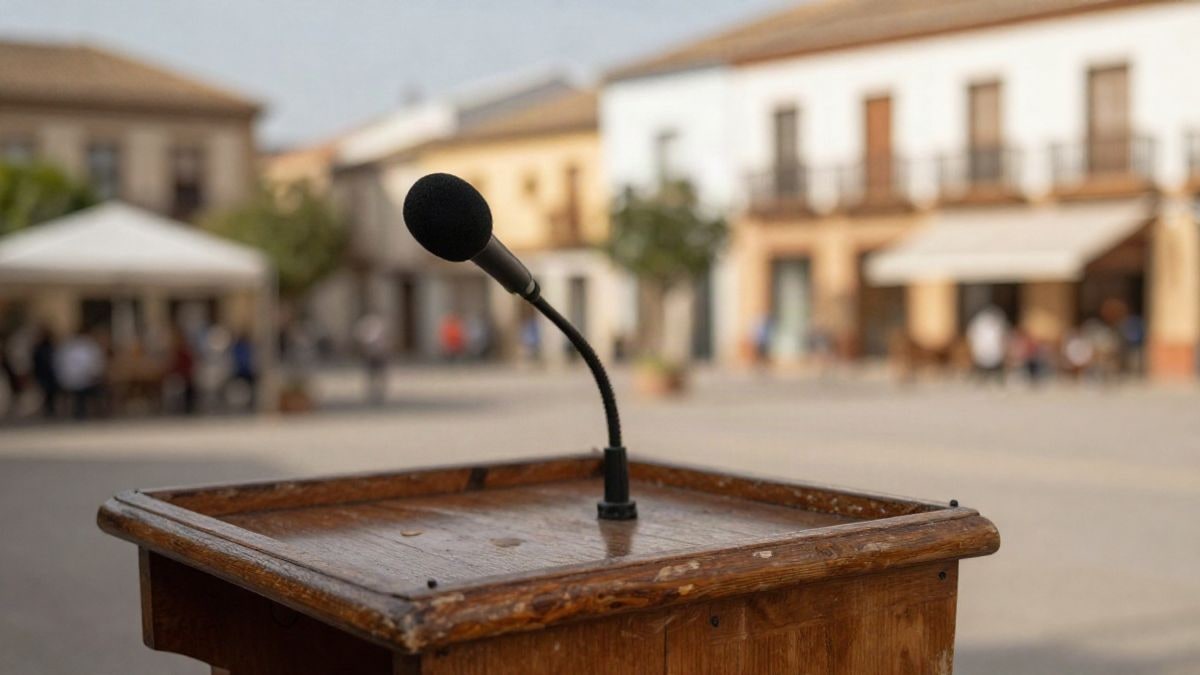 Imagen ilustrativa: primer plano de un atril de madera con micrófono en una plaza