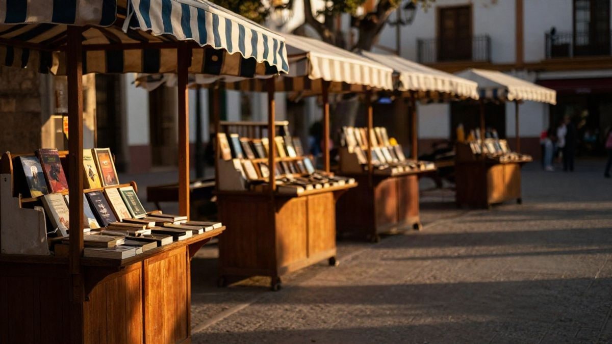 Imagen ilustrativa: hileras de casetas de madera con toldos a rayas en una plaza al atardecer