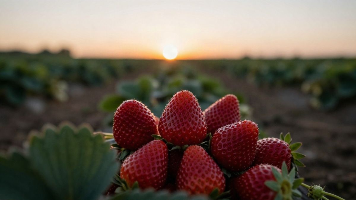 Imagen ilustrativa: fresas rojas en un campo al atardecer con luz suave