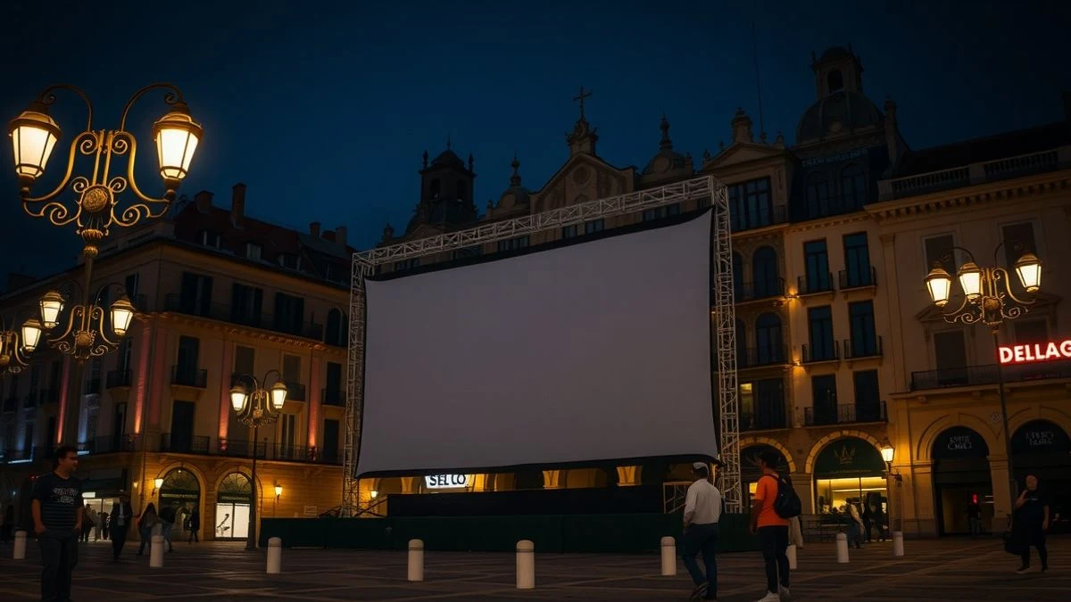 Pantalla gigante en una plaza española iluminada por farolas y neón, con sillas vacías y siluetas de personas al fondo