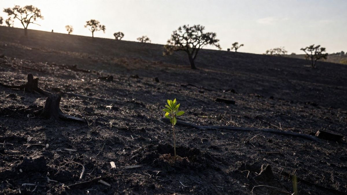 Imagen ilustrativa: un pequeño brote verde plantado en un monte quemado al amanecer, con mucho espacio libre alrededor