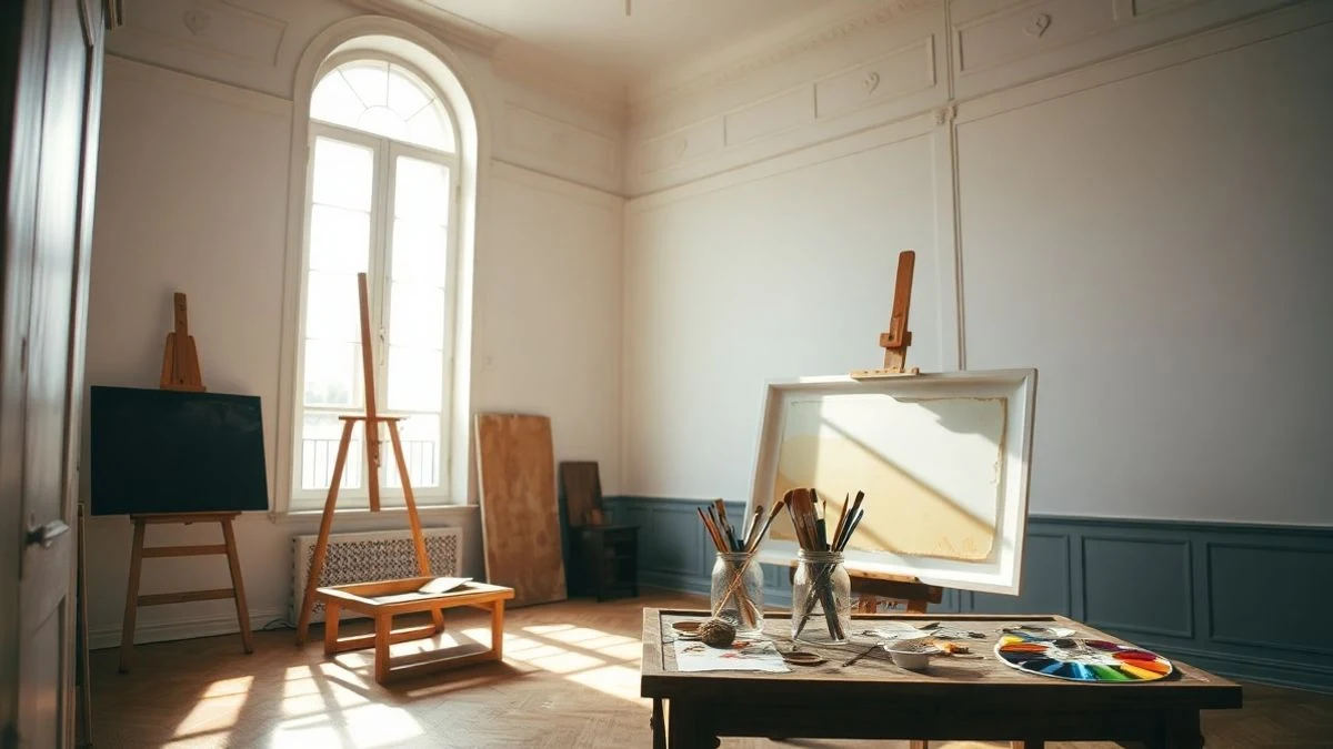 Estudio de pintura con caballete, lienzo, pinceles y paleta de colores iluminado por luz natural de ventana