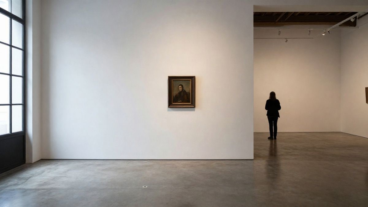 Imagen ilustrativa: sala de exposiciones luminosa con un cuadro en la pared y una figura de espaldas al fondo