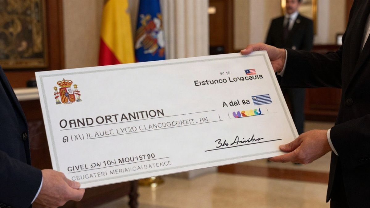 Imagen ilustrativa: un cheque simbólico de gran tamaño entregado en un entorno de hotel elegante, sin personas reconocibles.