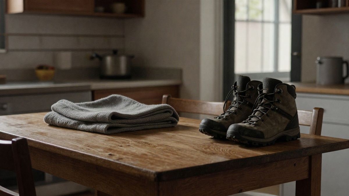 Imagen ilustrativa: mesa de madera vacía junto a una ventana con luz lateral, con una manta doblada y unas botas de senderismo