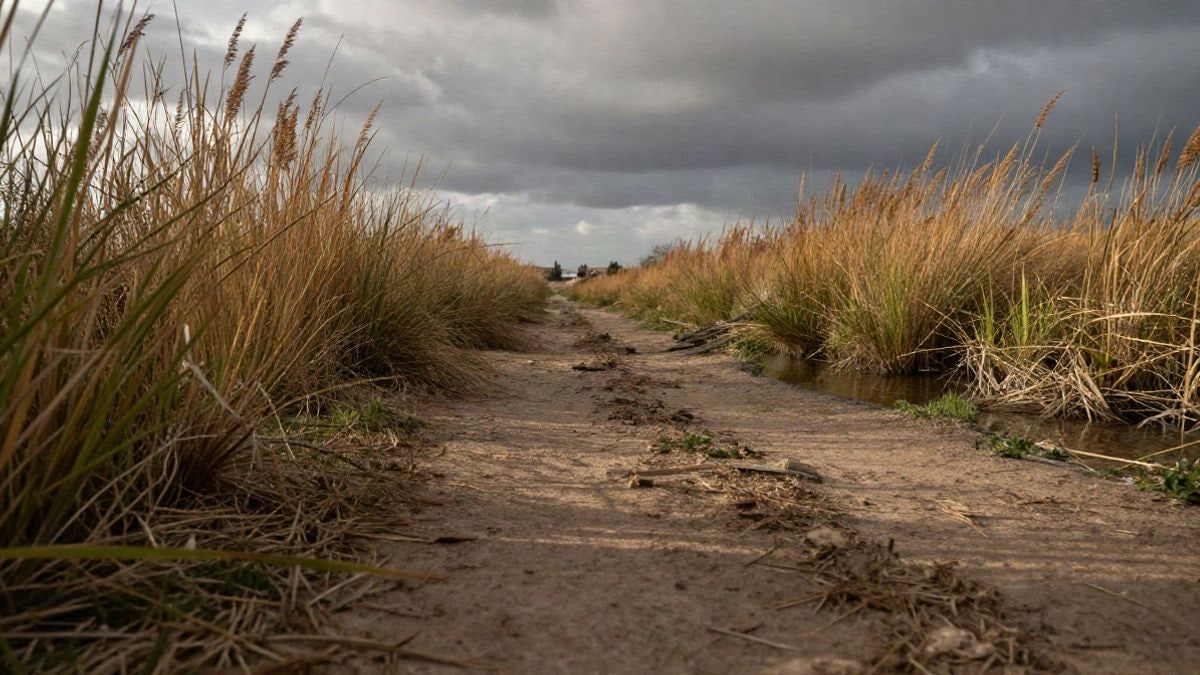 Imagen ilustrativa: camino de tierra junto a un arroyo con cañas y hierba alta bajo un cielo nublado al atardecer