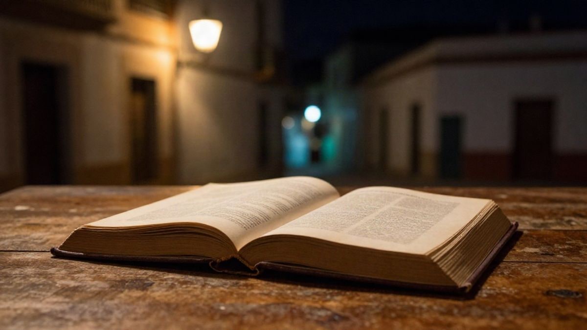 Imagen ilustrativa: un libro abierto sobre una mesa de madera iluminado por la luz cálida de una farola nocturna
