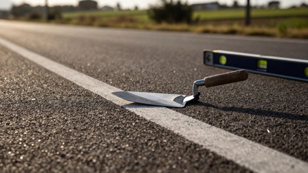 Imagen ilustrativa: primer plano de una carretera recién asfaltada con marcas viales blancas y herramientas de obra