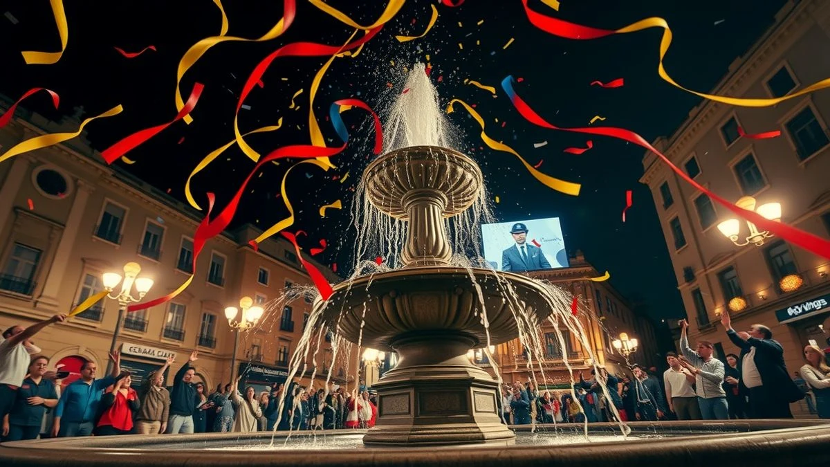 Fuente iluminada con confeti y serpentinas rojigualdas en una noche de celebración