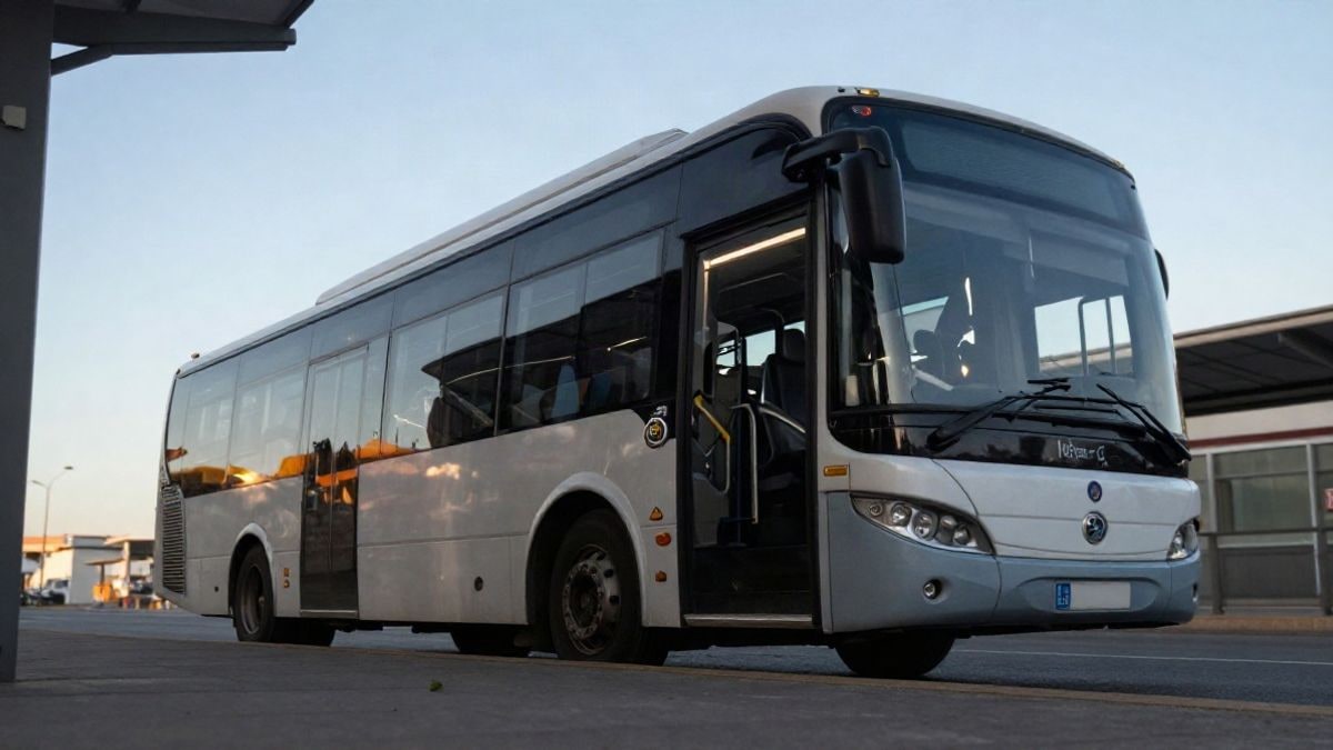 Imagen ilustrativa: autobús interurbano moderno estacionado en una plataforma vista desde un ángulo bajo con cielo despejado