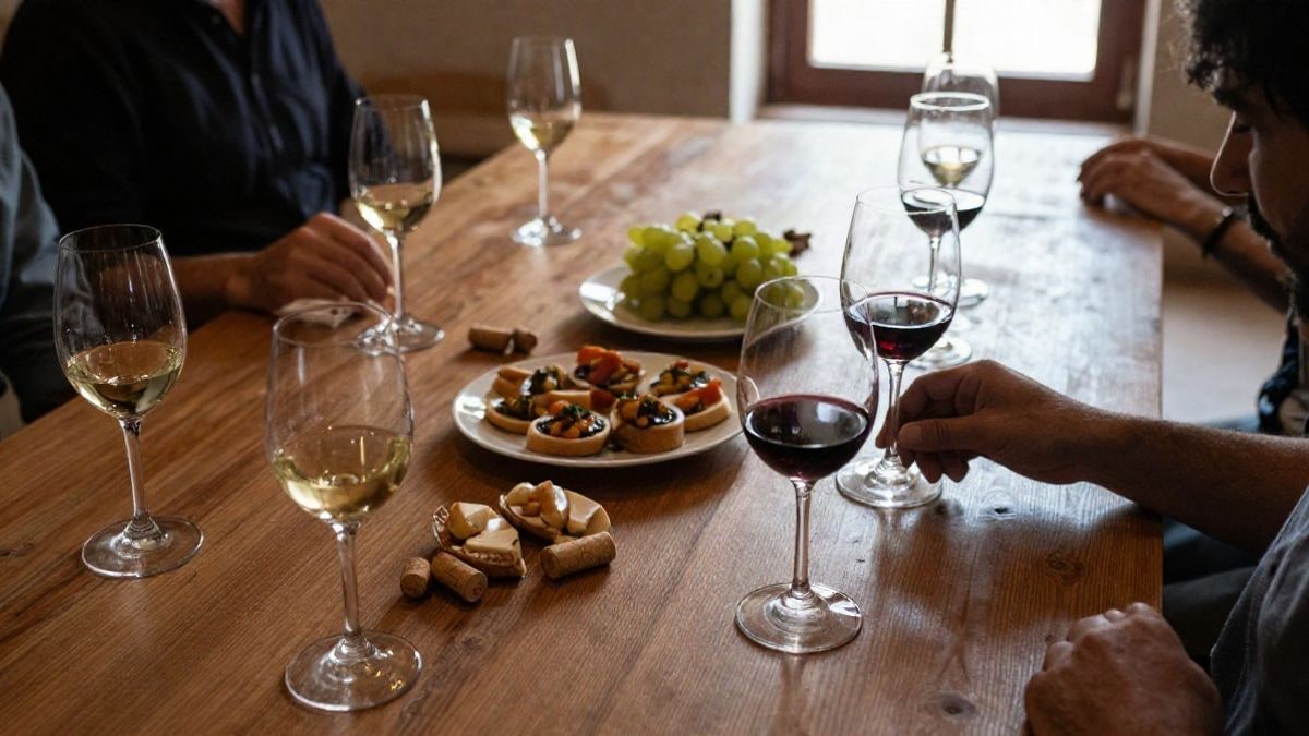 Imagen ilustrativa: vista cenital de una mesa con copas de vino y aperitivos en un entorno bodeguero