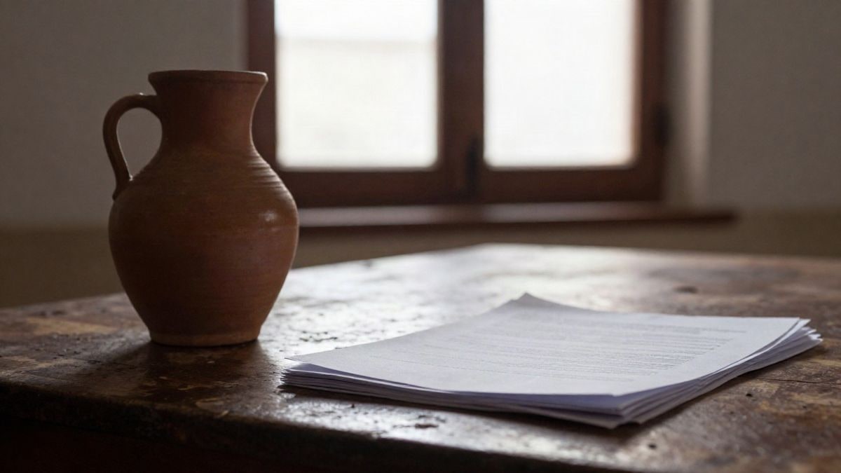 Imagen ilustrativa: detalle de una mesa de madera con una jarra de barro y documentos apilados