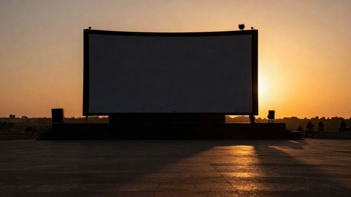 Imagen ilustrativa: pantalla de cine al aire libre a contraluz durante el atardecer, con siluetas y sombras largas