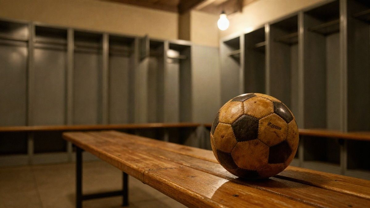 Imagen ilustrativa: balón de cuero antiguo sobre un banco de madera en un vestuario de estadio iluminado con luz artificial