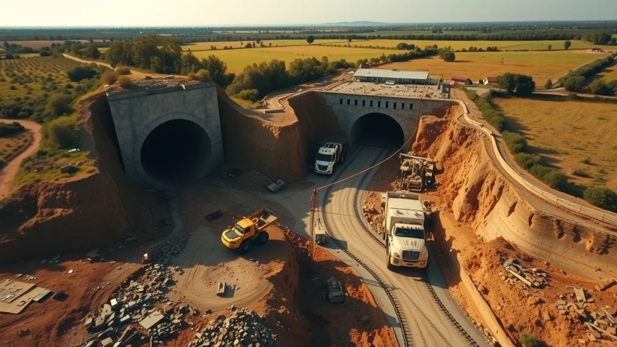 Imagen ilustrativa: vista aérea de una obra de túnel en una zona rural, con maquinaria pesada y tierra removida.