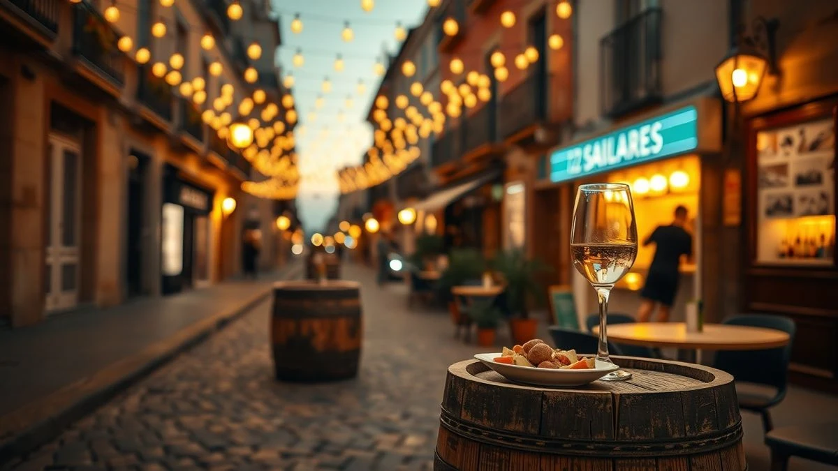 Mesa con tapas y vino en una calle adoquinada con luces de colores al atardecer en Punta Umbría