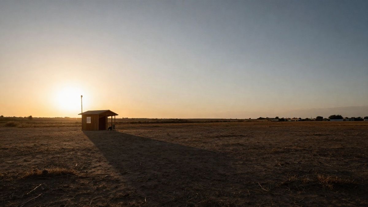 Imagen ilustrativa: recinto ferial rural al atardecer con un pequeño puesto de madera y sombras alargadas