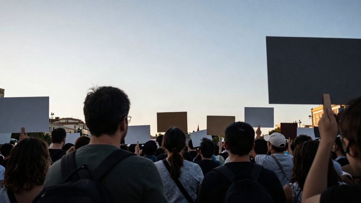 Imagen ilustrativa: concentración ciudadana vista desde el suelo en una plaza con cielo de fondo