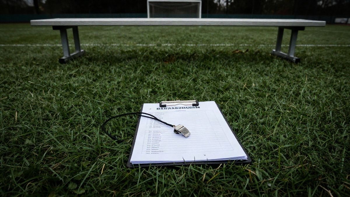 Imagen ilustrativa: vista cenital de una pizarra táctica y un silbato sobre la hierba de un campo de fútbol al atardecer