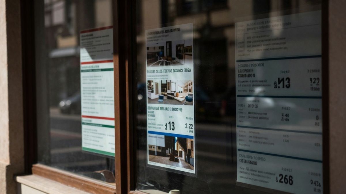 Imagen ilustrativa: escaparate de una oficina inmobiliaria con anuncios de vivienda y reflejos en el cristal