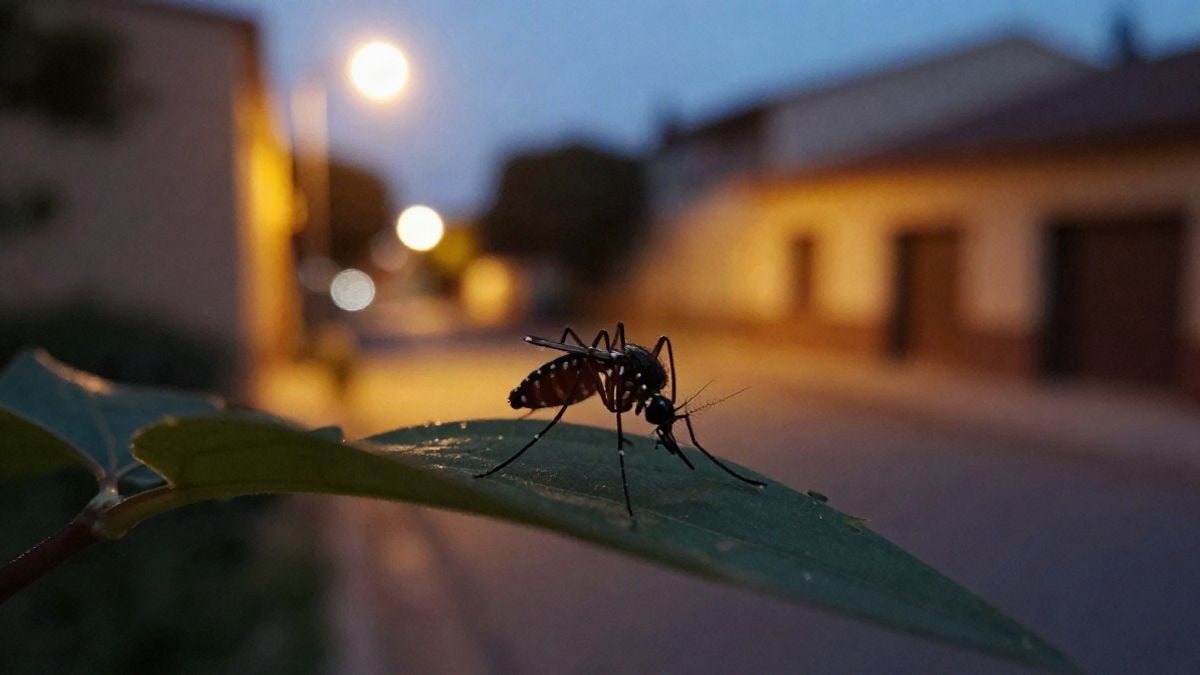 Imagen ilustrativa: un mosquito sobre una hoja al atardecer, con luces de fondo desenfocadas.