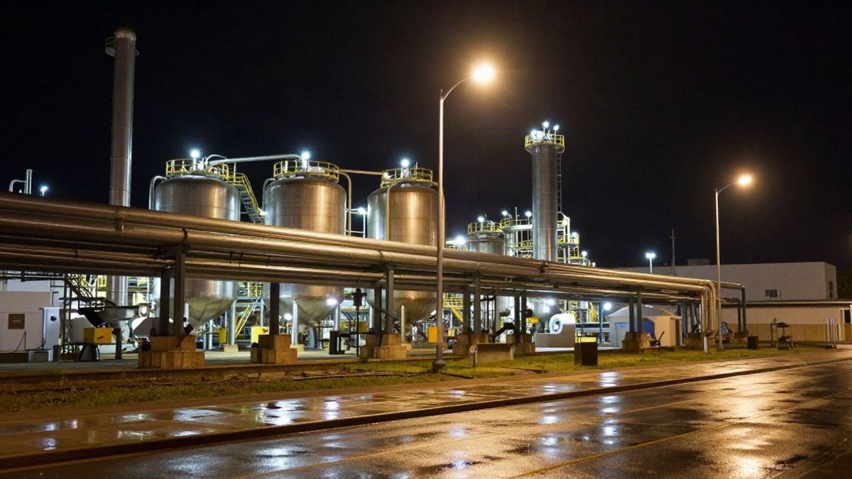Imagen ilustrativa: zona industrial de noche con tuberías y depósitos iluminados por farolas y focos