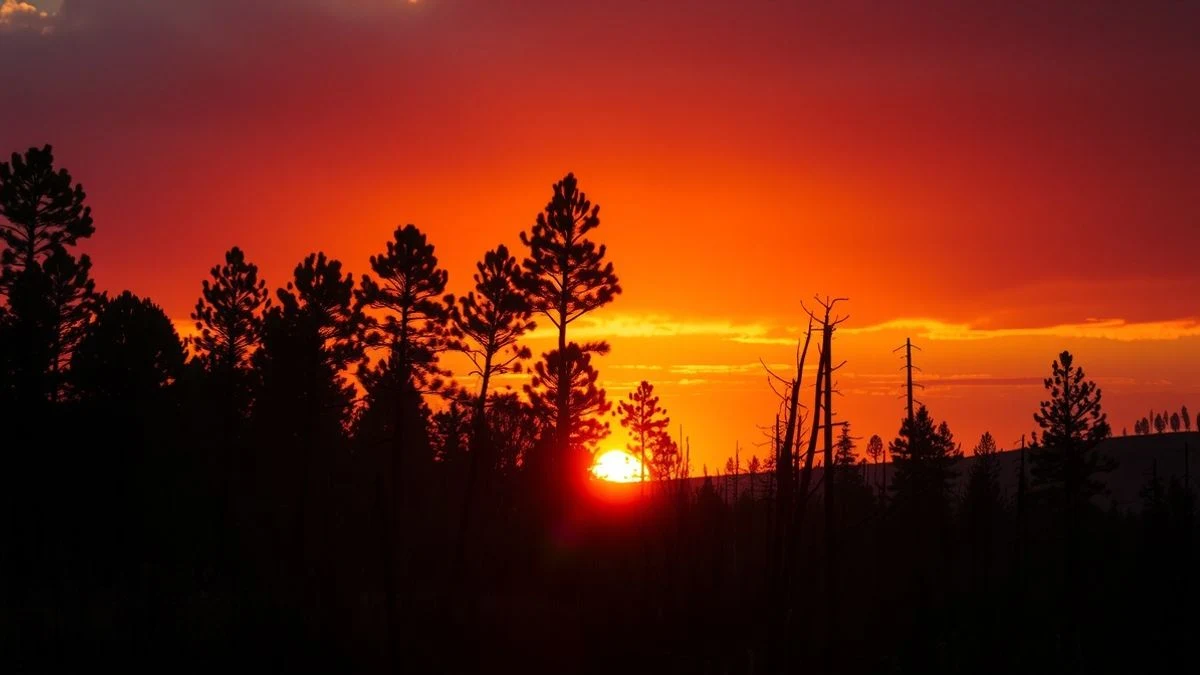 Imagen ilustrativa: paisaje al atardecer con árboles quemados y sombras largas en una zona forestal devastada por el fuego