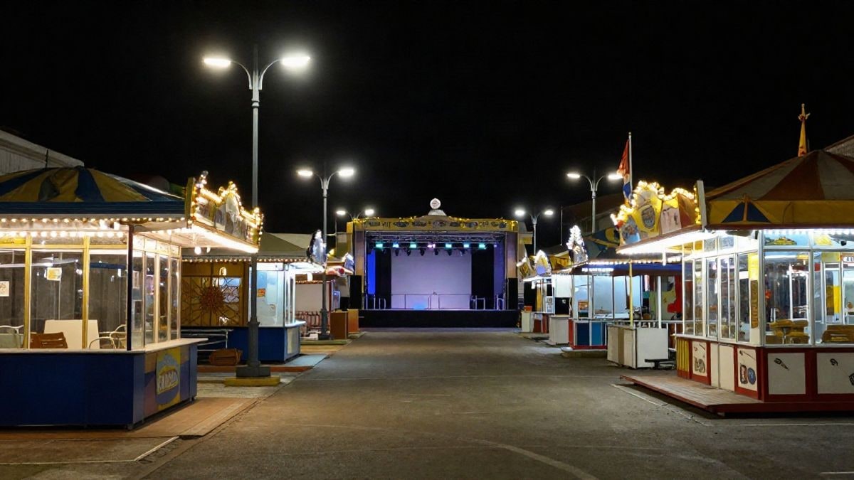 Imagen ilustrativa: recinto ferial de noche iluminado con luces artificiales