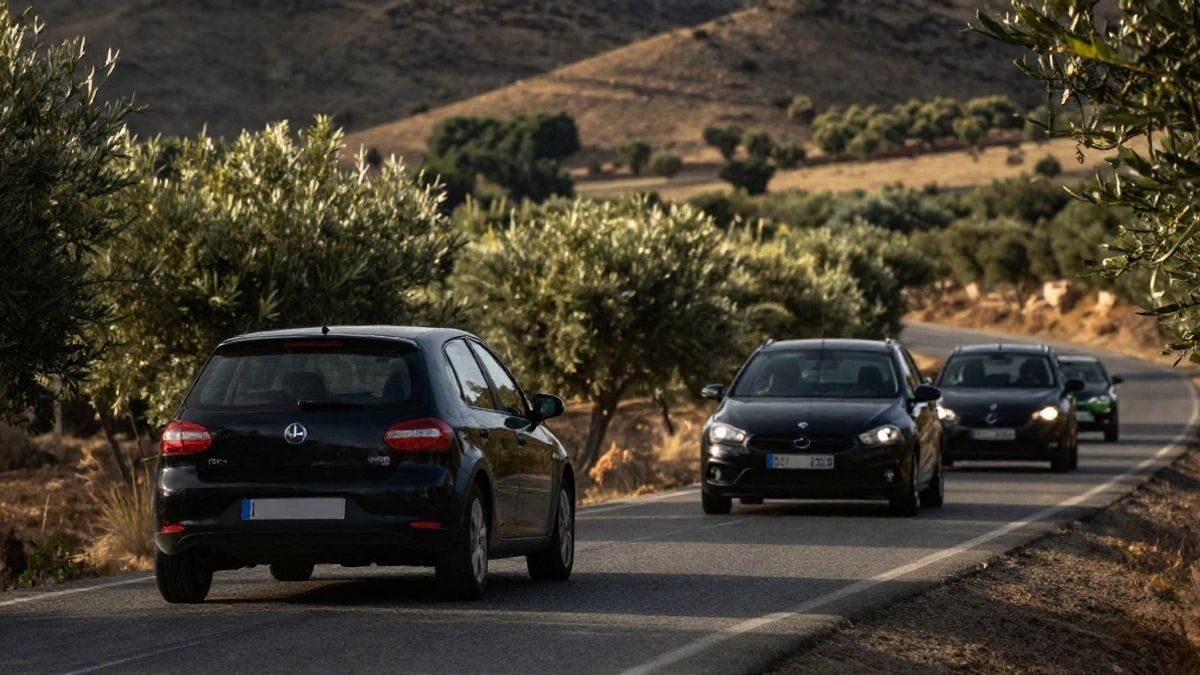 Imagen ilustrativa: comitiva de vehículos oficiales circulando por una carretera rural del sur de España al atardecer