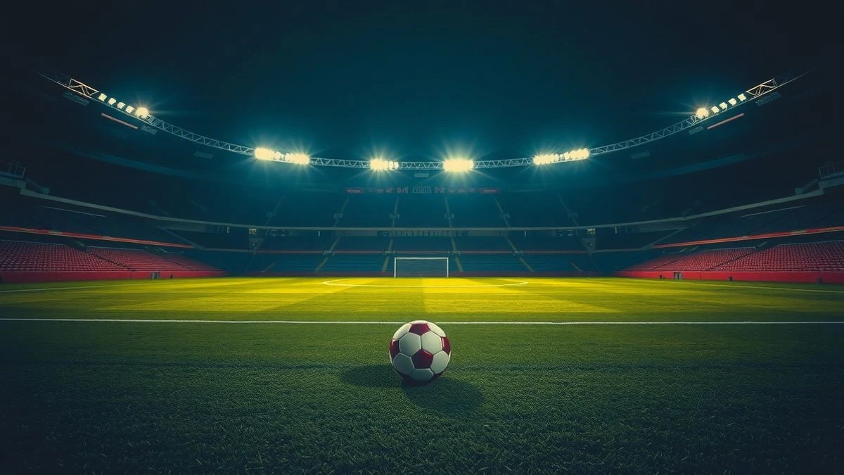 Estadio de fútbol vacío iluminado por focos por la noche, con un balón en el césped