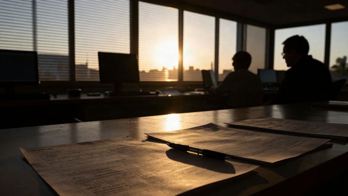Imagen ilustrativa: silueta de una sala de control ferroviario al atardecer con informes técnicos sobre una mesa