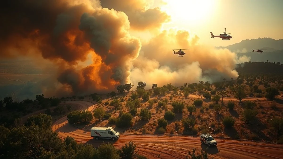 Imagen ilustrativa: vista aérea de un incendio forestal en una dehesa con humo y medios aéreos extinguiendo las llamas.