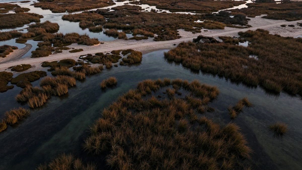 Imagen ilustrativa: vista cenital de una zona de marisma costera al atardecer