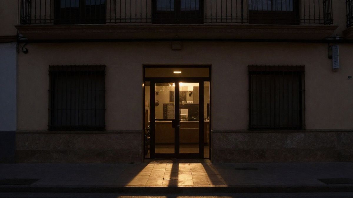 Imagen ilustrativa: contraluz al atardecer de la entrada de un local genérico con sombras largas