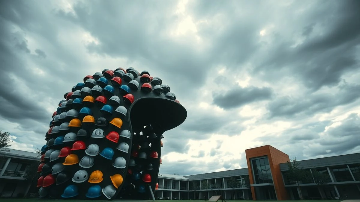 Imagen ilustrativa: Escultura gigante de casco de seguridad formada por muchos cascos pequeños, en un campus universitario bajo un cielo nublado.