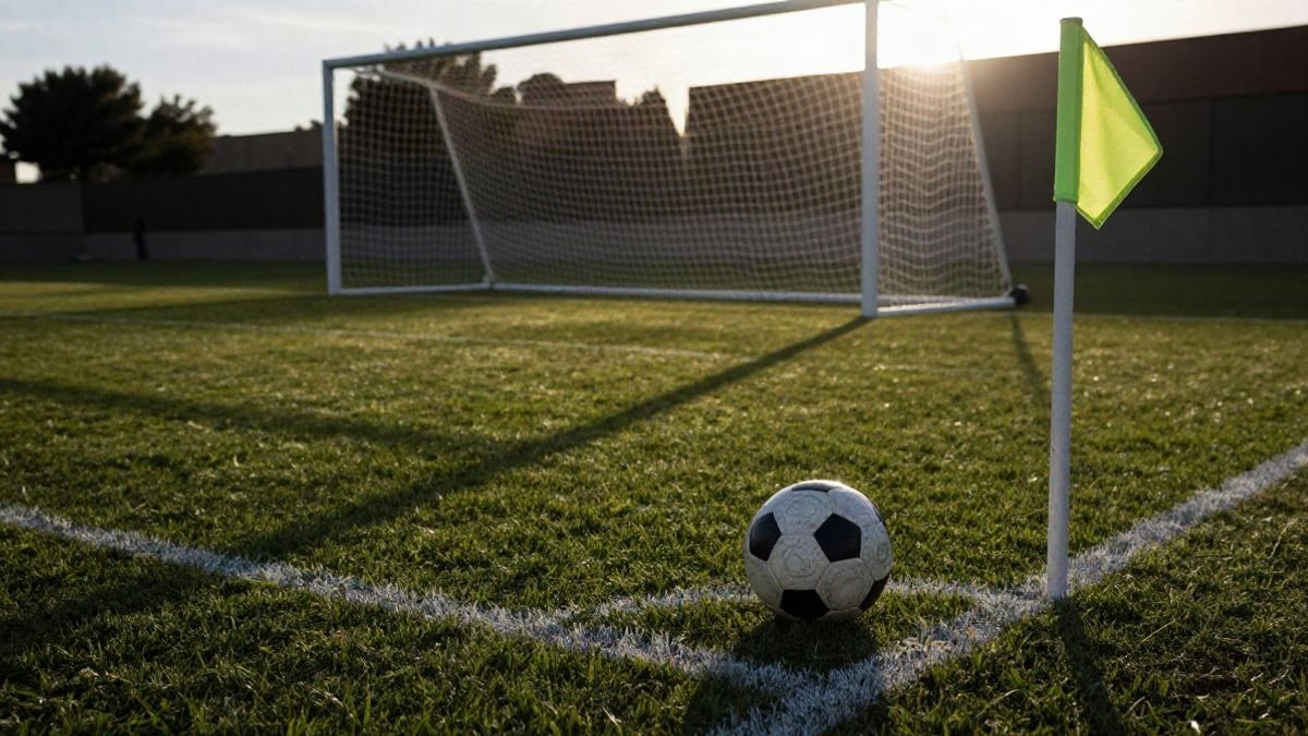 Imagen ilustrativa: un balón de fútbol junto al banderín de córner en un campo al atardecer, con la portería al fondo.