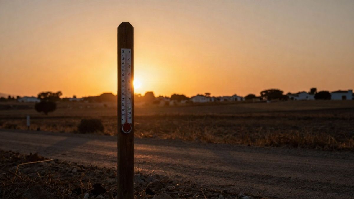 Imagen ilustrativa: contraluz al atardecer sobre un paisaje seco con un termómetro y sombras largas