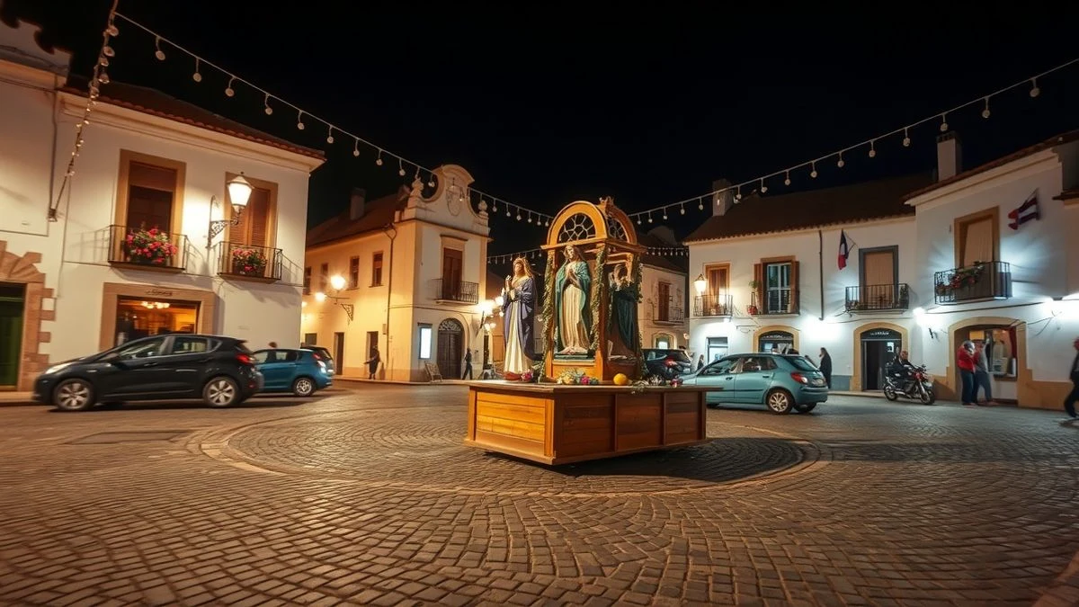 Plaza del Carmen de Trigueros iluminada con faroles y adornos florales para las fiestas patronales