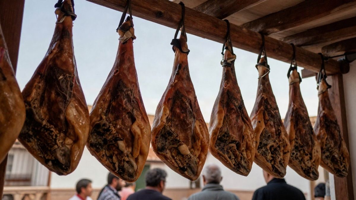 Imagen ilustrativa: una pata de jamón ibérico colgada de una viga de madera en una despensa tradicional