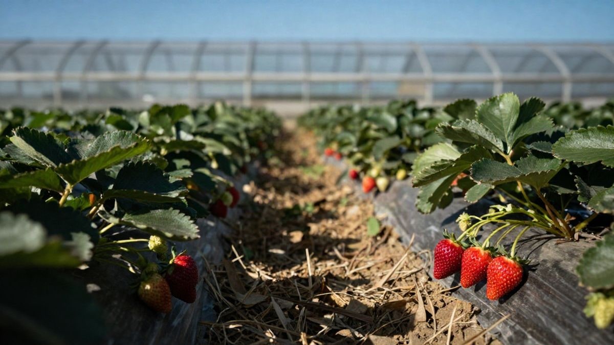 Imagen ilustrativa: campo de fresas en primer plano con invernadero desenfocado al fondo