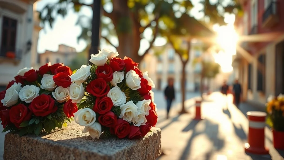 Imagen ilustrativa: una corona de flores sobre un pedestal de piedra en un entorno urbano con árboles de naranjo al fondo.
