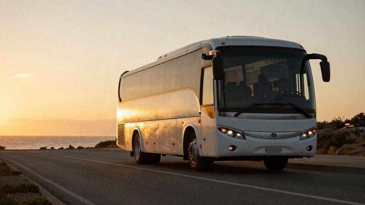 Imagen ilustrativa: autobús de excursión aparcado en una carretera costera al atardecer