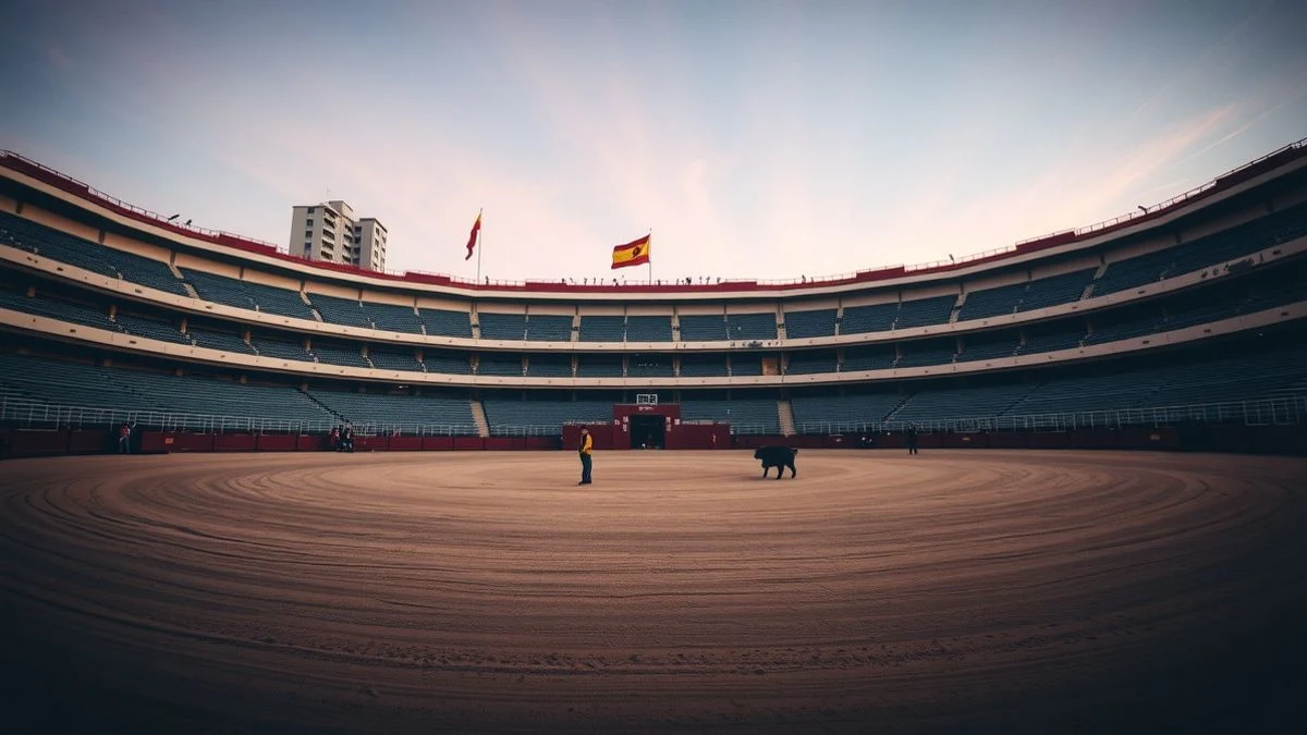 Imagen ilustrativa: una plaza de toros vacía al atardecer, con un torero de espaldas en el ruedo, pequeño y descentrado, bajo una luz dramática.