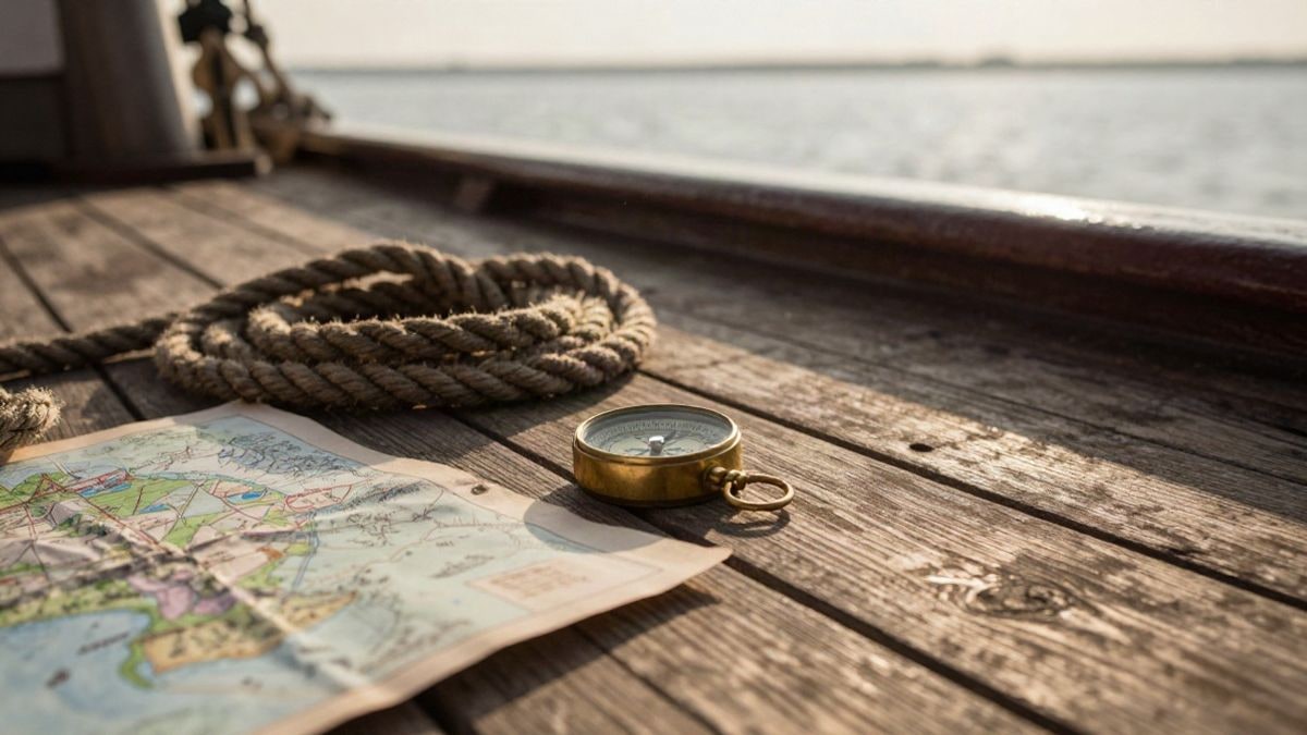 Imagen ilustrativa: detalle de la cubierta de madera de un barco con una cuerda y una brújula a la luz del atardecer