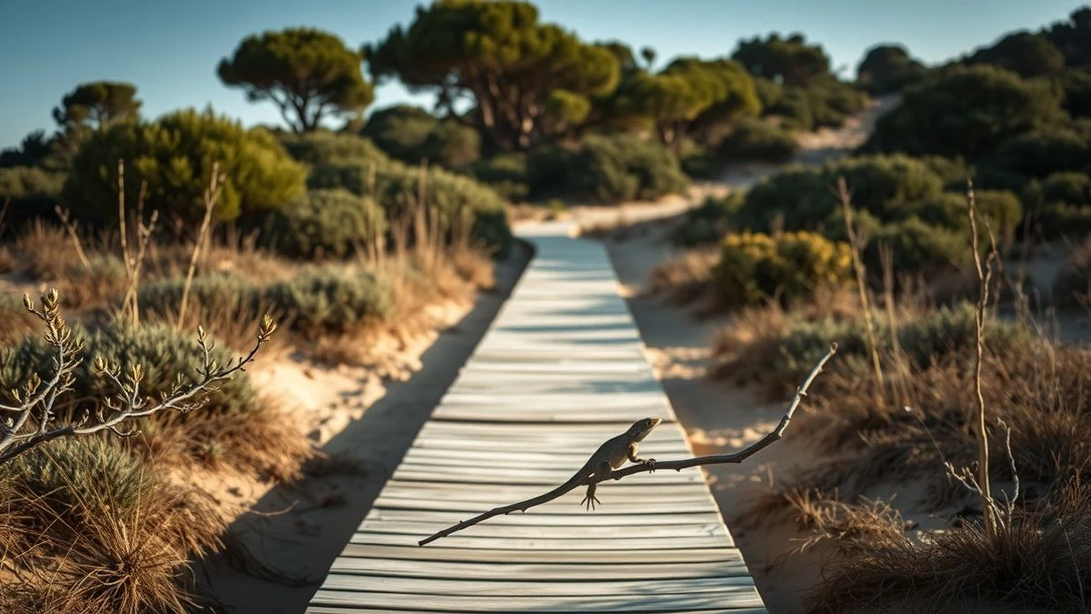 Paisaje dunar con vegetación mediterránea y un sendero de madera en Nuevo Portil, Huelva